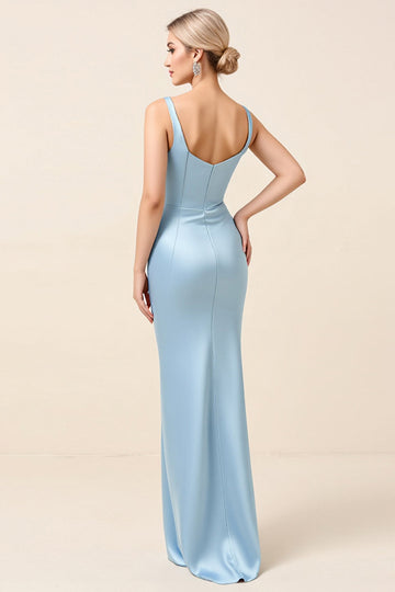 Sky Blue Satin Ruched Spaghetti Straps Sheath Long Formal Dress